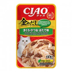 INABA влажный корм для кошек Kinnodashi Тунец Магуро и тунец Кацуо со вкусом морского гребешка, 60 г