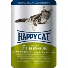 ХэппиКэт паучи для кошек в желе, ягненок, теленок, зеленая фасоль, 0,1 кг 1002307